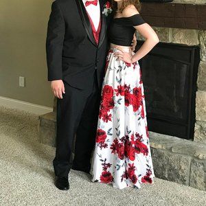 Two-Piece, black and red floral Prom Dress